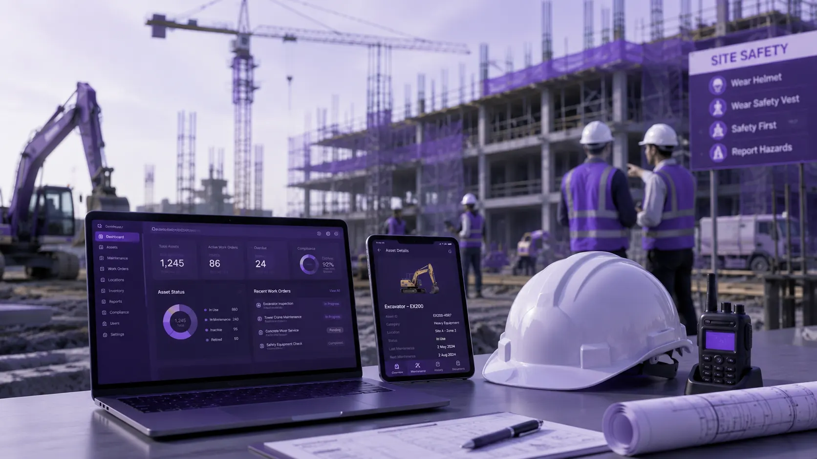 Construction site using InfoAsset to track heavy machinery, vehicles, and tools