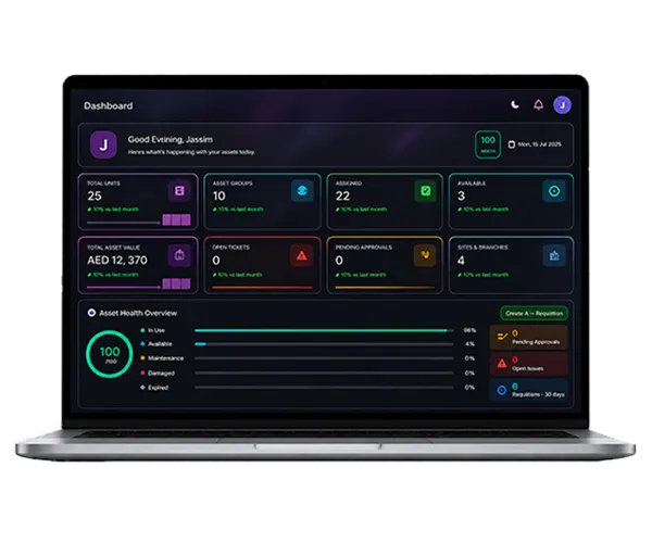 InfoAsset dashboard showing total units, asset groups, assigned assets, and asset health overview