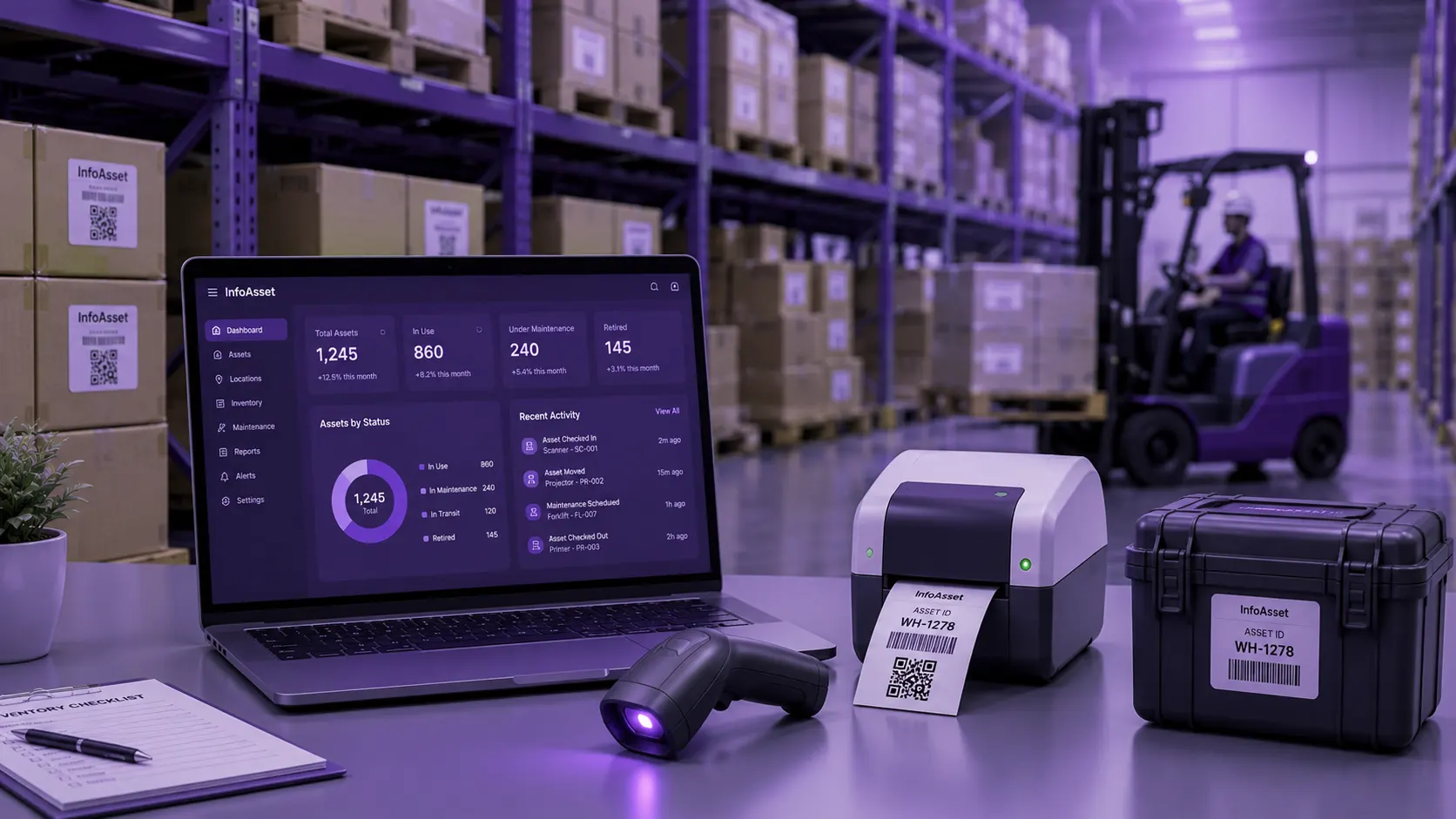 Warehouse using InfoAsset to track inventory with barcode scanning